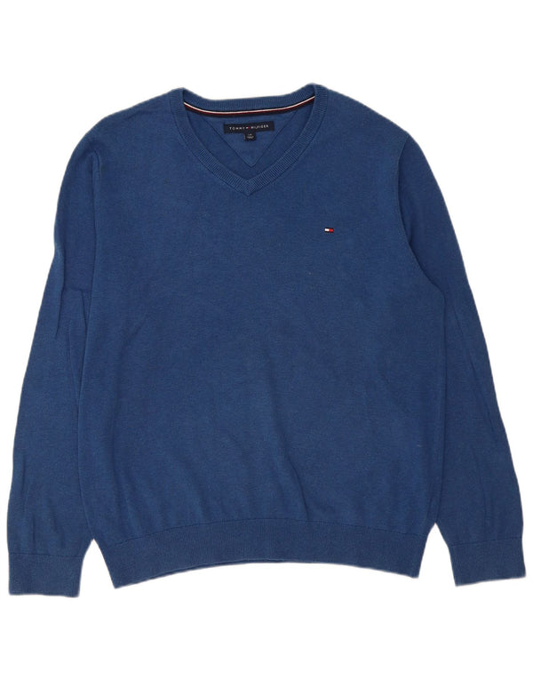 Tommy Hilfiger Ανδρικό πουλόβερ με λαιμόκοψη με λαιμόκοψη μεγάλο μπλε βαμβακερό