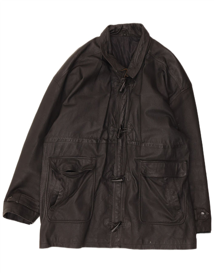 Vintage Ανδρικό Duffle Δερμάτινο Μπουφάν UK 42 XL Μαύρο Δερμάτινο