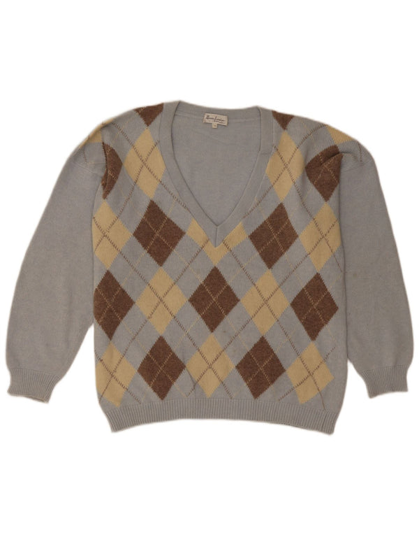 Vintage γυναικείο πουλόβερ με λαιμόκοψη UK 18 XL Blue Argyle/Diamond
