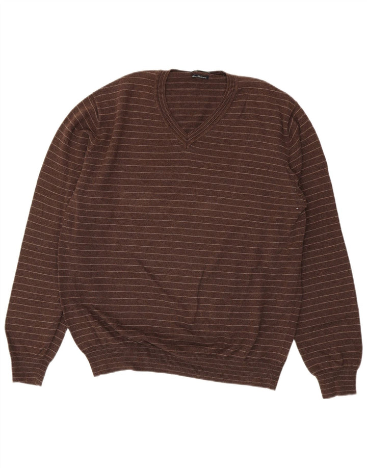 Ανδρικό πουλόβερ Massimo Dutti με V λαιμόκοψη XL Καφέ ριγέ