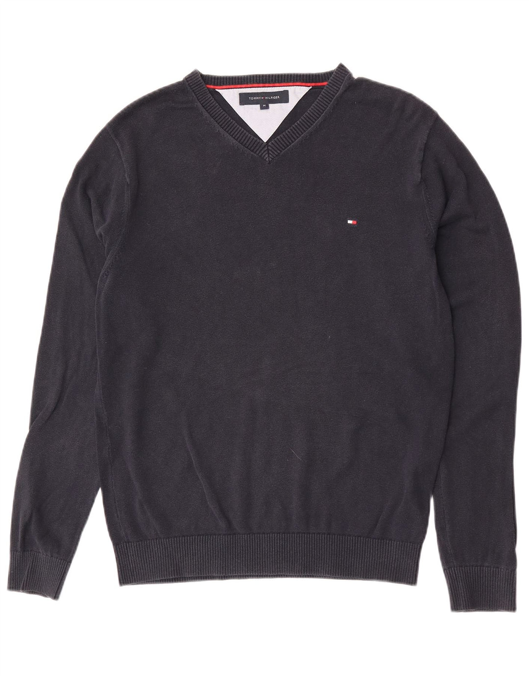 Ανδρικό πουλόβερ Tommy Hilfiger με V λαιμόκοψη, μεσαίο μπλε βαμβακερό