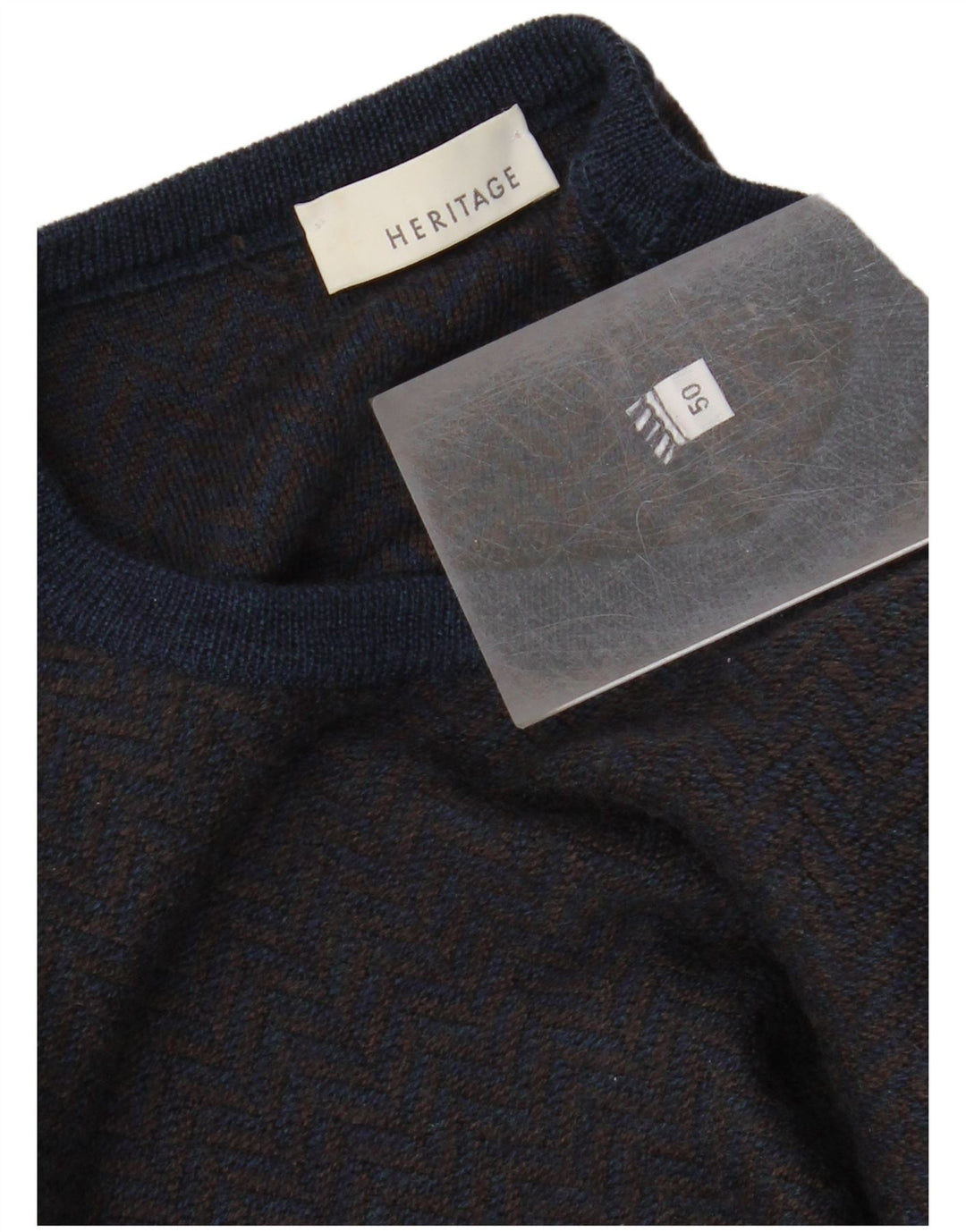 HERITAGE Mens Crew Neck Jumper Sweater IT 50 Medium Navy Blue Chevron
