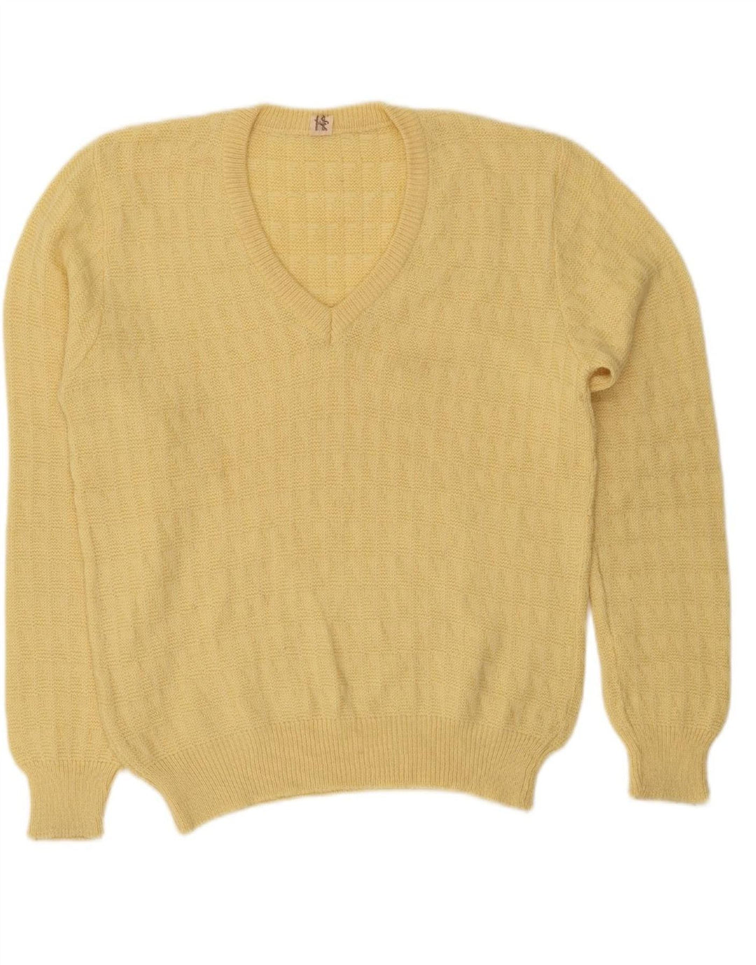 VINTAGE Mens V-Neck Jumper Sweater Medium Yellow Wool