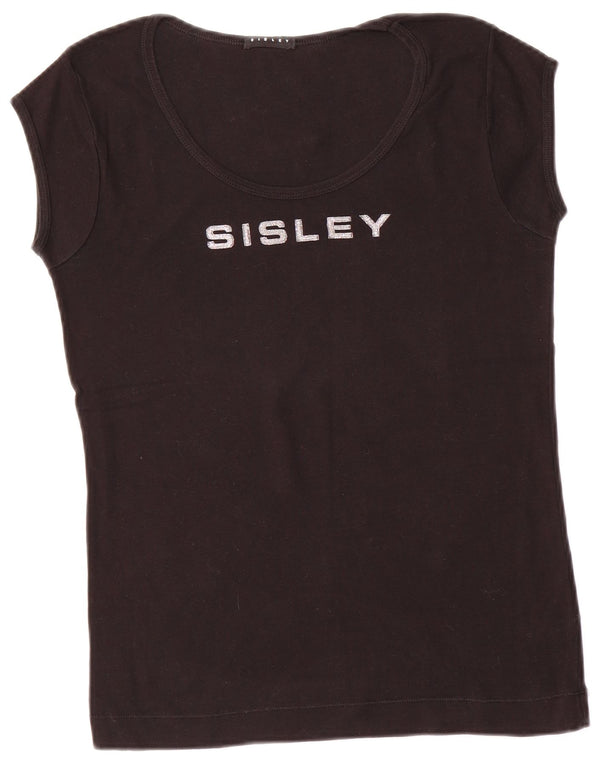 SISLEY Womens Graphic T-Shirt Top UK 14 Large Black Cotton
