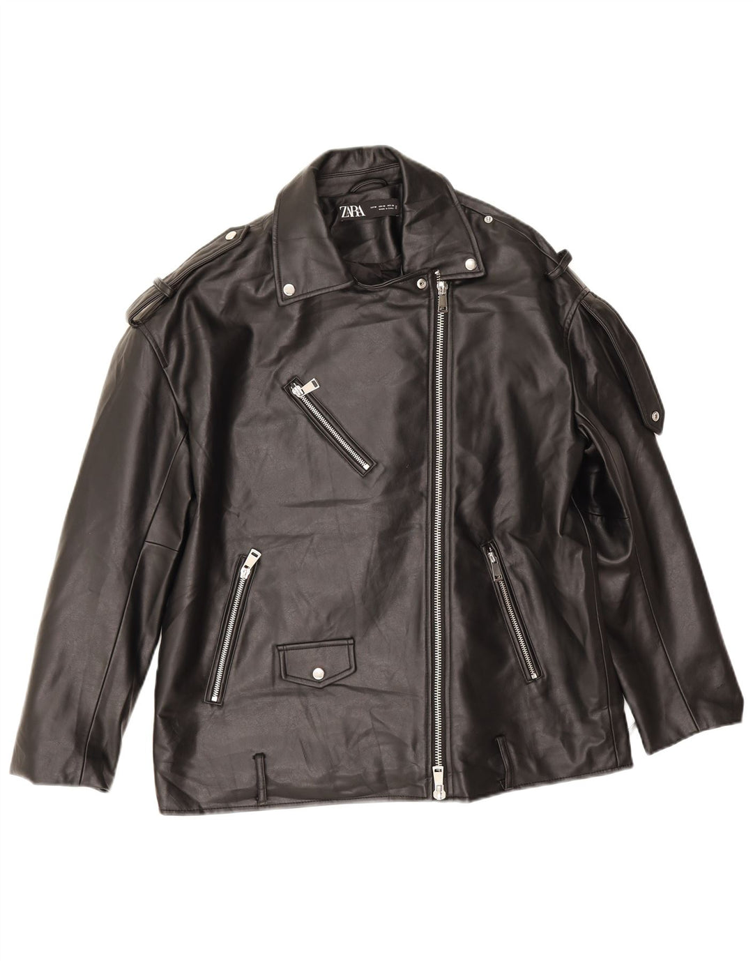 Zara Ανδρικό Μπουφάν Biker από Faux Leather UK 14 Medium Μαύρο Πολυεστέρας