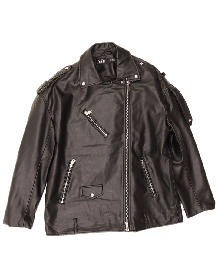 Zara Ανδρικό Μπουφάν Biker από Faux Leather UK 14 Medium Μαύρο Πολυεστέρας