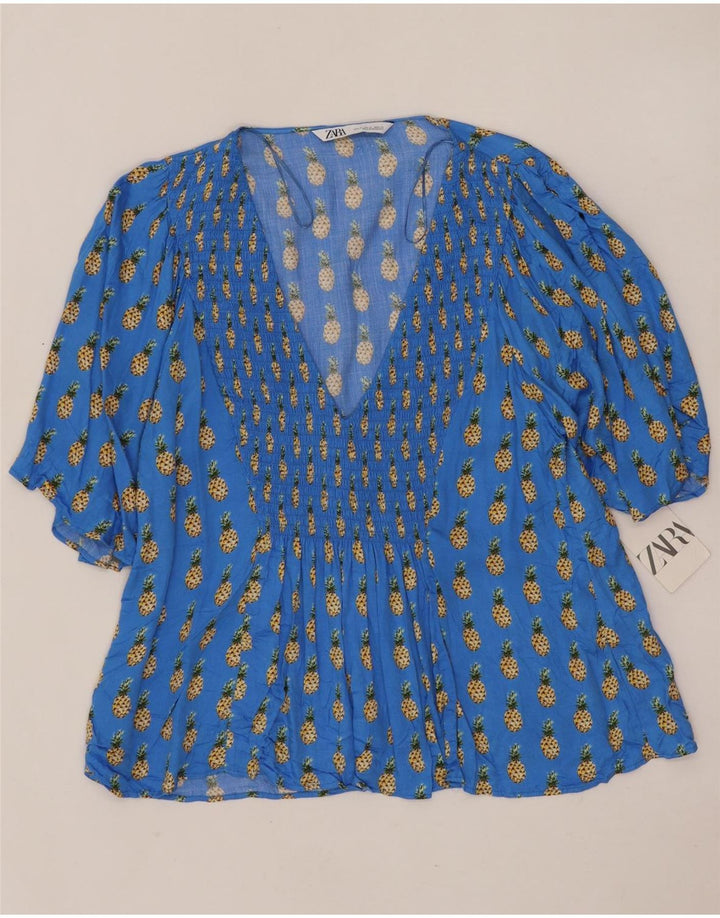 Zara Γυναικεία Abstract Pattern 3/4 Μπλούζα με μανίκια τοπ UK 18 XL μπλε βισκόζη