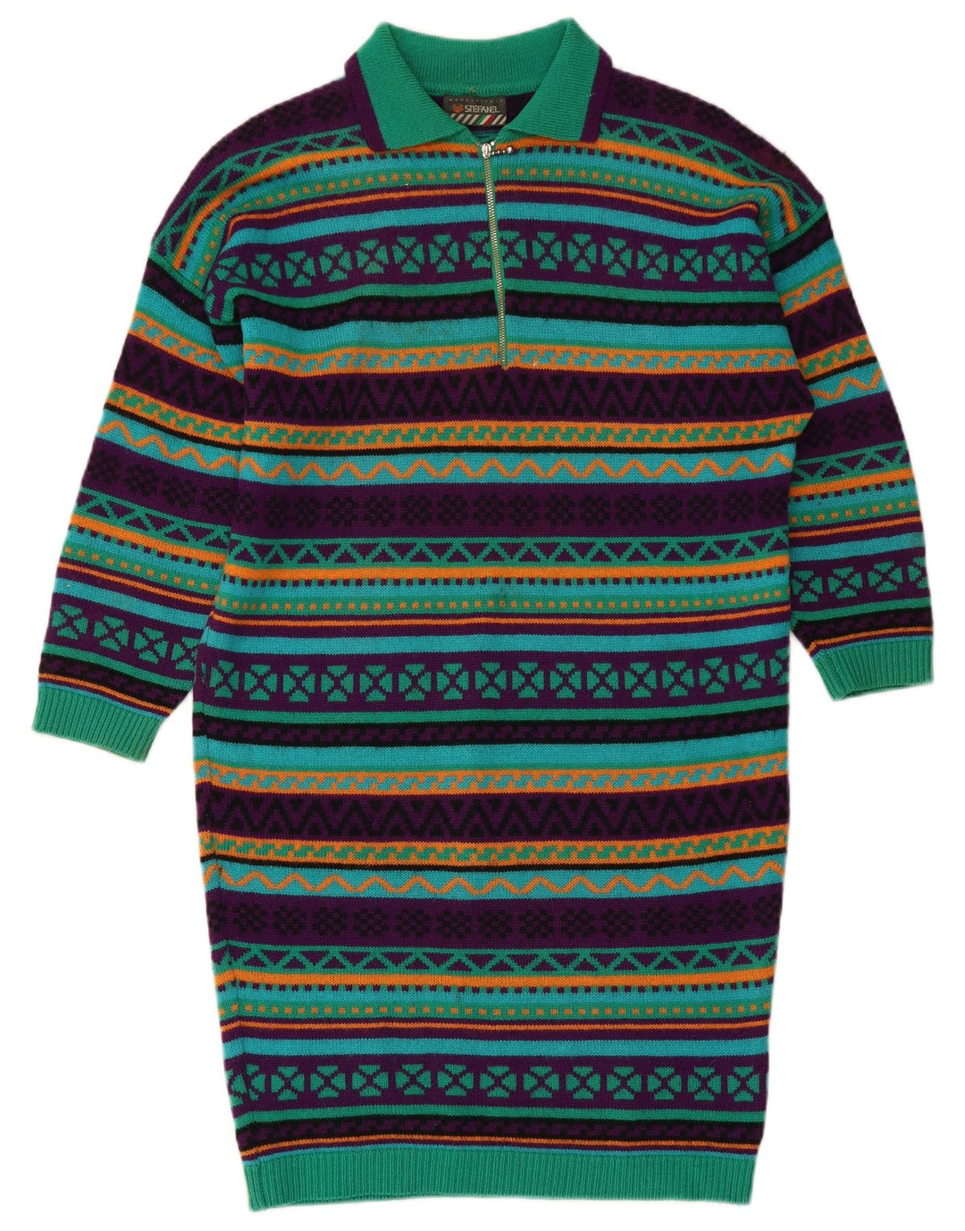 STEFANEL Γυναικείο πλεκτό μακρυμάνικο φόρεμα πόλο UK 14 Μεσαίο πράσινο γεωμετρικό