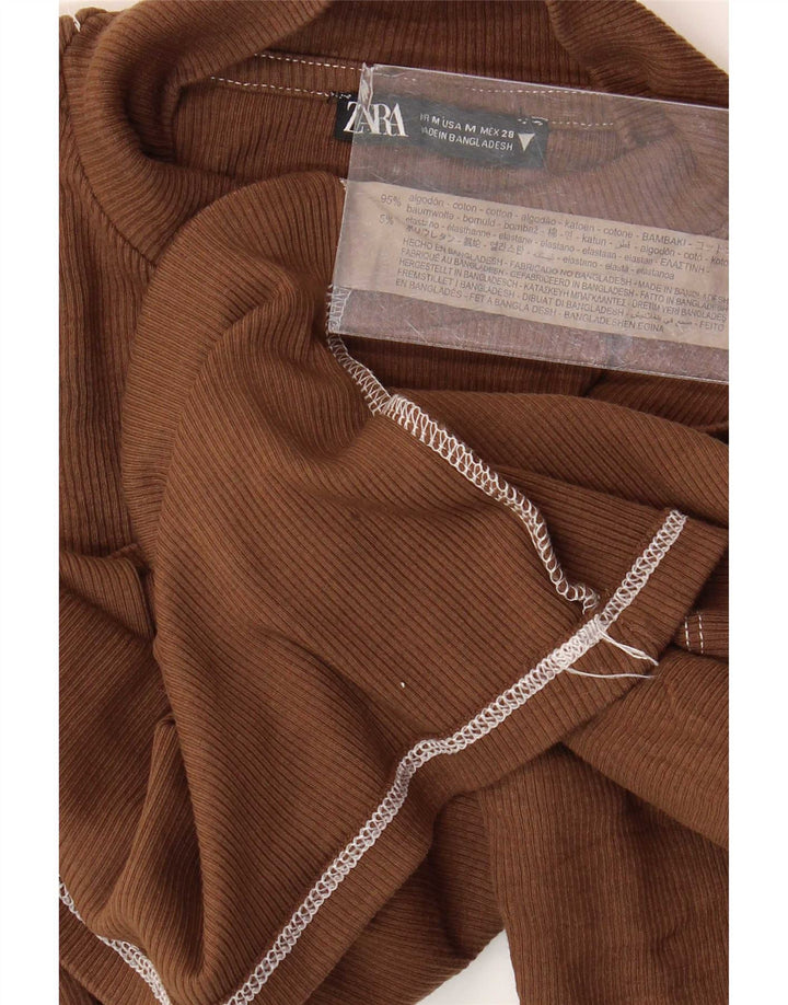 Zara Γυναικείο Crop Top 3/4 μανίκι UK 12 μεσαίο καφέ βαμβακερό