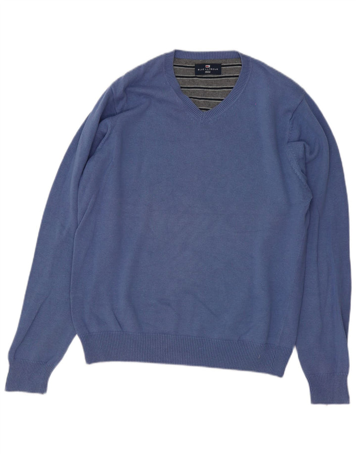 Ανδρικό πουλόβερ Marks & Spencer Blue Harbor με V-Neck Jumper Μεσαίο μπλε βαμβακερό