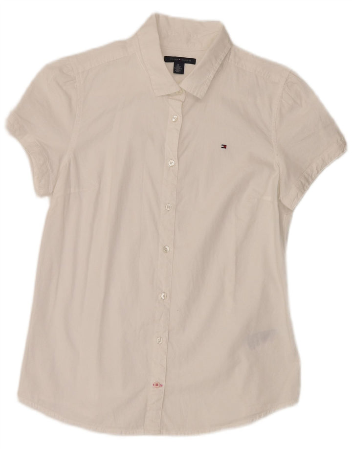 TOMMY HILFIGER Γυναικείο κοντομάνικο πουκάμισο μπλούζα UK 14 μεσαίο λευκό βαμβακερό