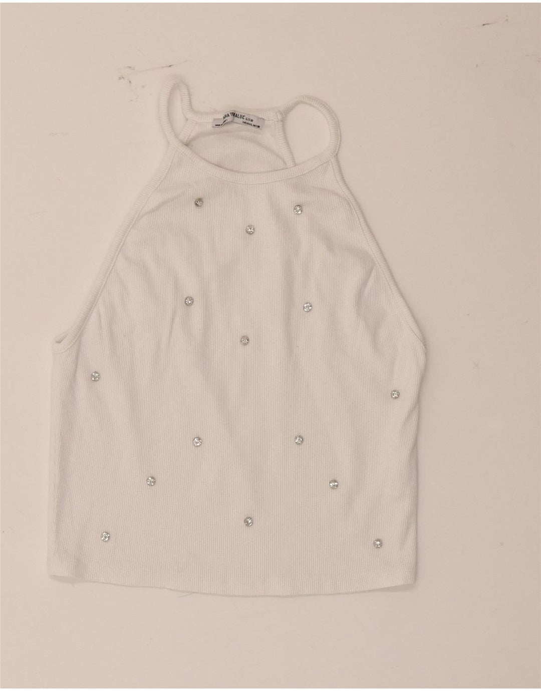 Zara Womens Crop Halter Top UK 14 Large White Spotted Cotton