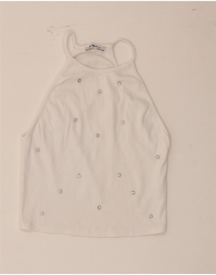 Zara Womens Crop Halter Top UK 14 Large White Spotted Cotton