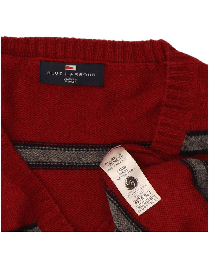 Ανδρικό πουλόβερ Marks & Spencer Blue Harbor με λαιμόκοψη με λαιμόκοψη, μεγάλο κόκκινο ριγέ