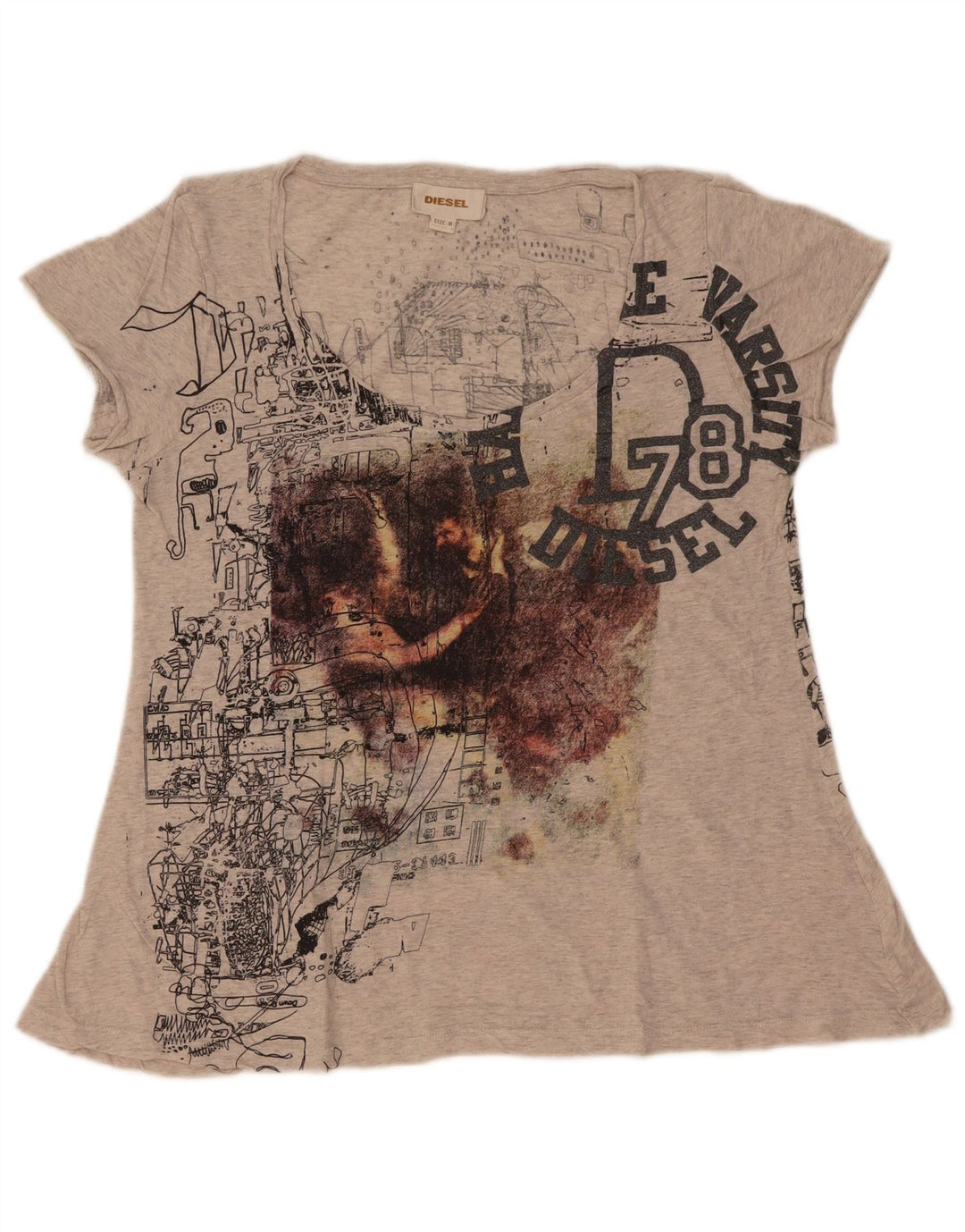 Diesel Γυναικείο γραφικό T-Shirt Top UK 12 Medium Grey Flecked