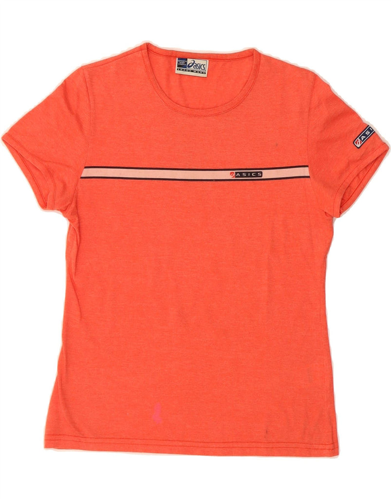 ASICS Womens Graphic T-Shirt Top UK 12 Medium Orange Striped Cotton Vintage Asics and Second-Hand Asics from Messina Hembry 