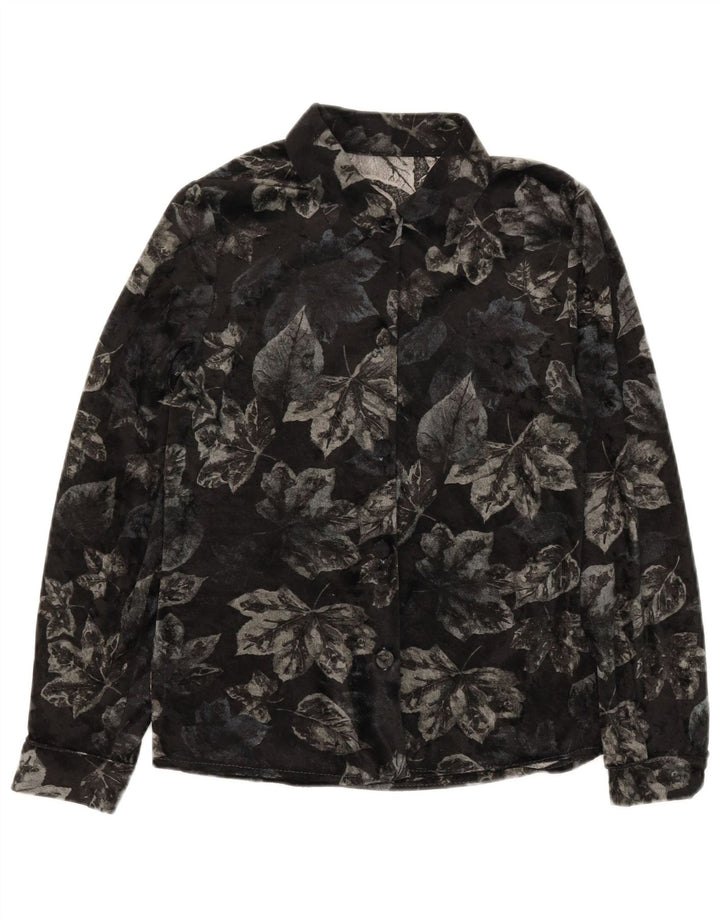 VINTAGE Womens Velour Shirt IT 42 Medium Black Floral Polyester
