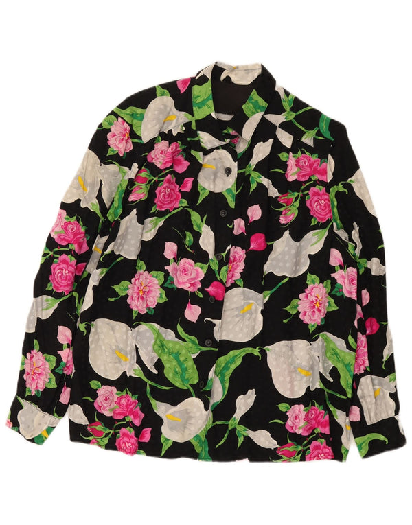 Vintage γυναικείο πουκάμισο μπλούζα UK 16 Large Black Floral