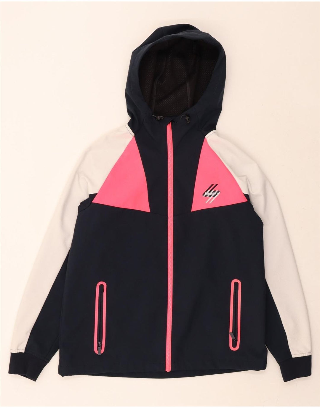 SUPERDRY Womens Hooded Rain Jacket UK 12 Medium  Navy Blue Colourblock Vintage Superdry and Second-Hand Superdry from Messina Hembry 