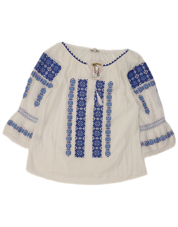 Vintage γυναικεία μπλούζα με μανίκια 3/4 τοπ UK 16 Large White Geometric Ethnic