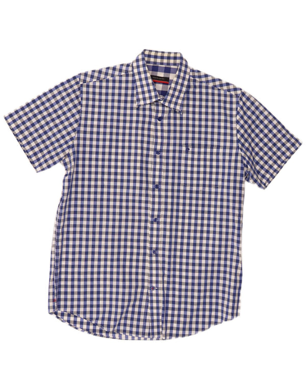Pierre Cardin Mens Short Sleeve Shirt Medium Blue Gingham Cotton