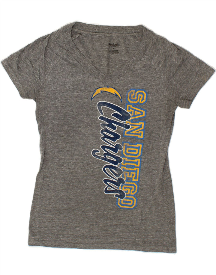 REEBOK Womens Graphic T-Shirt Top UK 12 Medium Grey Polyester Vintage Reebok and Second-Hand Reebok from Messina Hembry 