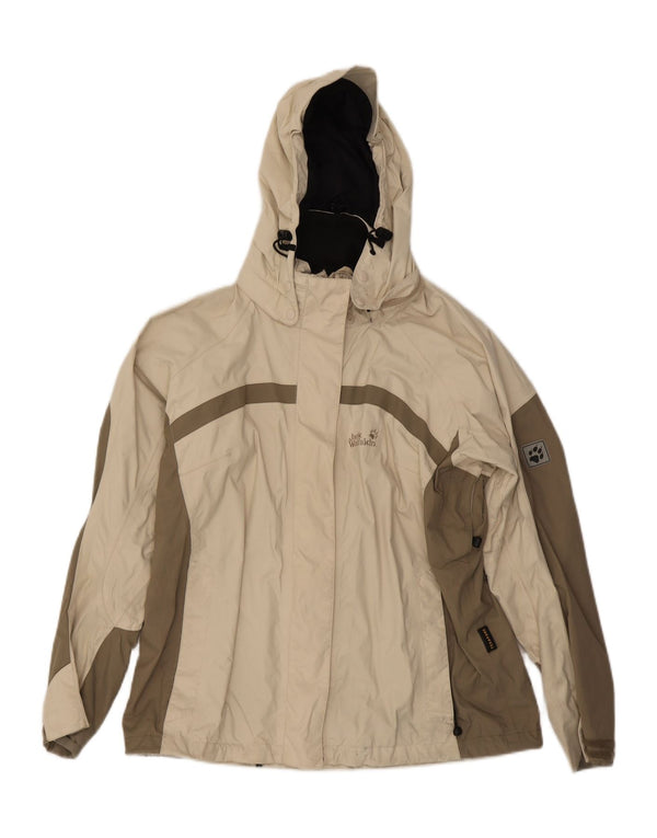 JACK WOLFSKIN Womens Hooded Rain Jacket UK 16 Large Beige Colourblock