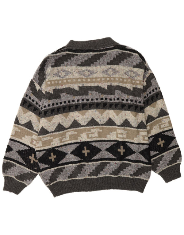 VINTAGE Mens Cardigan Sweater XL Grey Geometric Acrylic