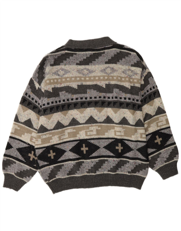 VINTAGE Mens Cardigan Sweater XL Grey Geometric Acrylic