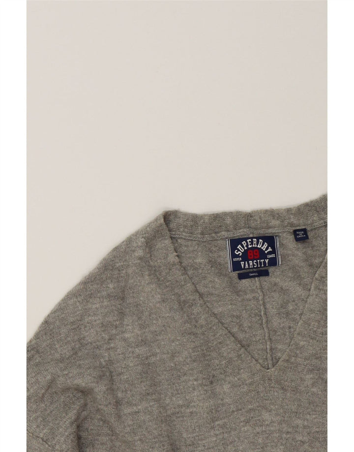 SUPERDRY Womens Oversized Longline V-Neck Jumper Sweater UK 10 Small Grey Vintage Superdry and Second-Hand Superdry from Messina Hembry 