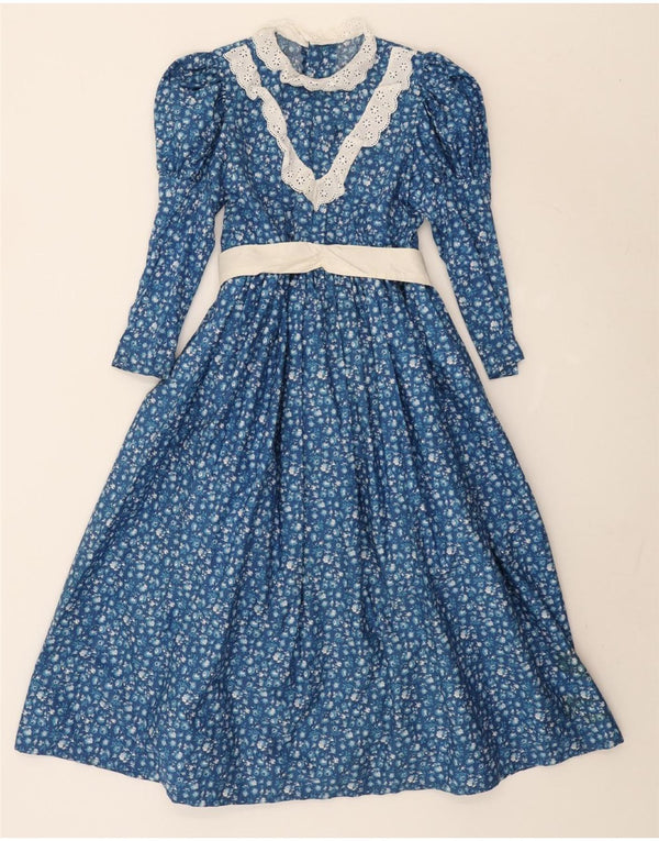 Vintage γυναικείο μακρυμάνικο μάξι φόρεμα UK 10 Small Blue Floral