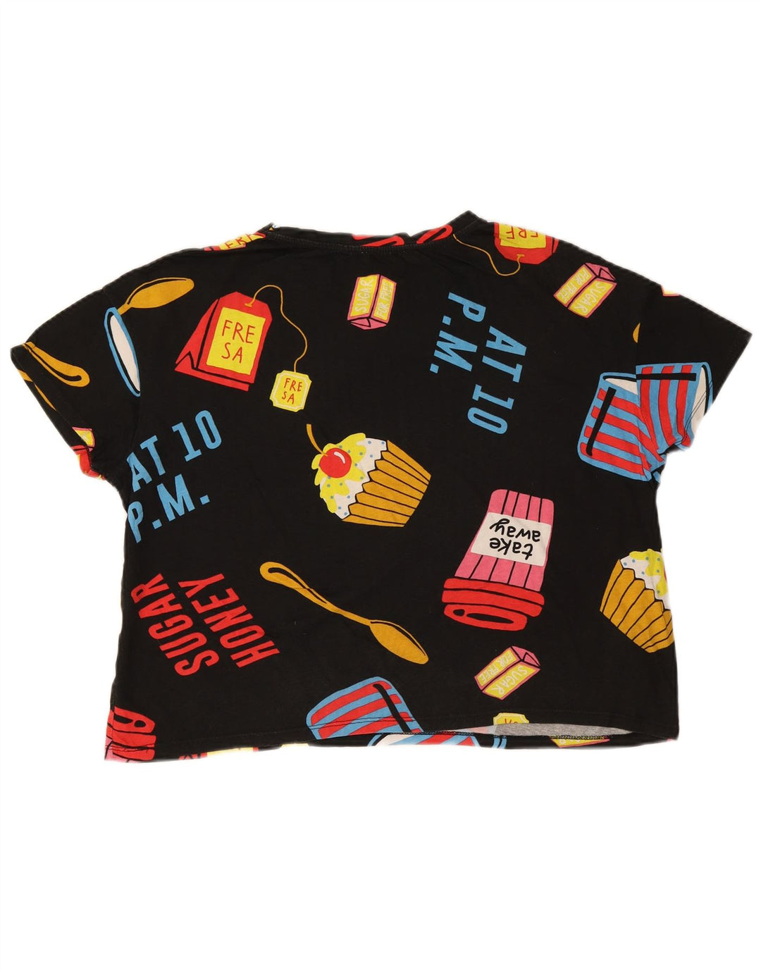 Zara Γυναικείο T-Shirt Crop Oversized γραφικό Top UK 14 Medium Black