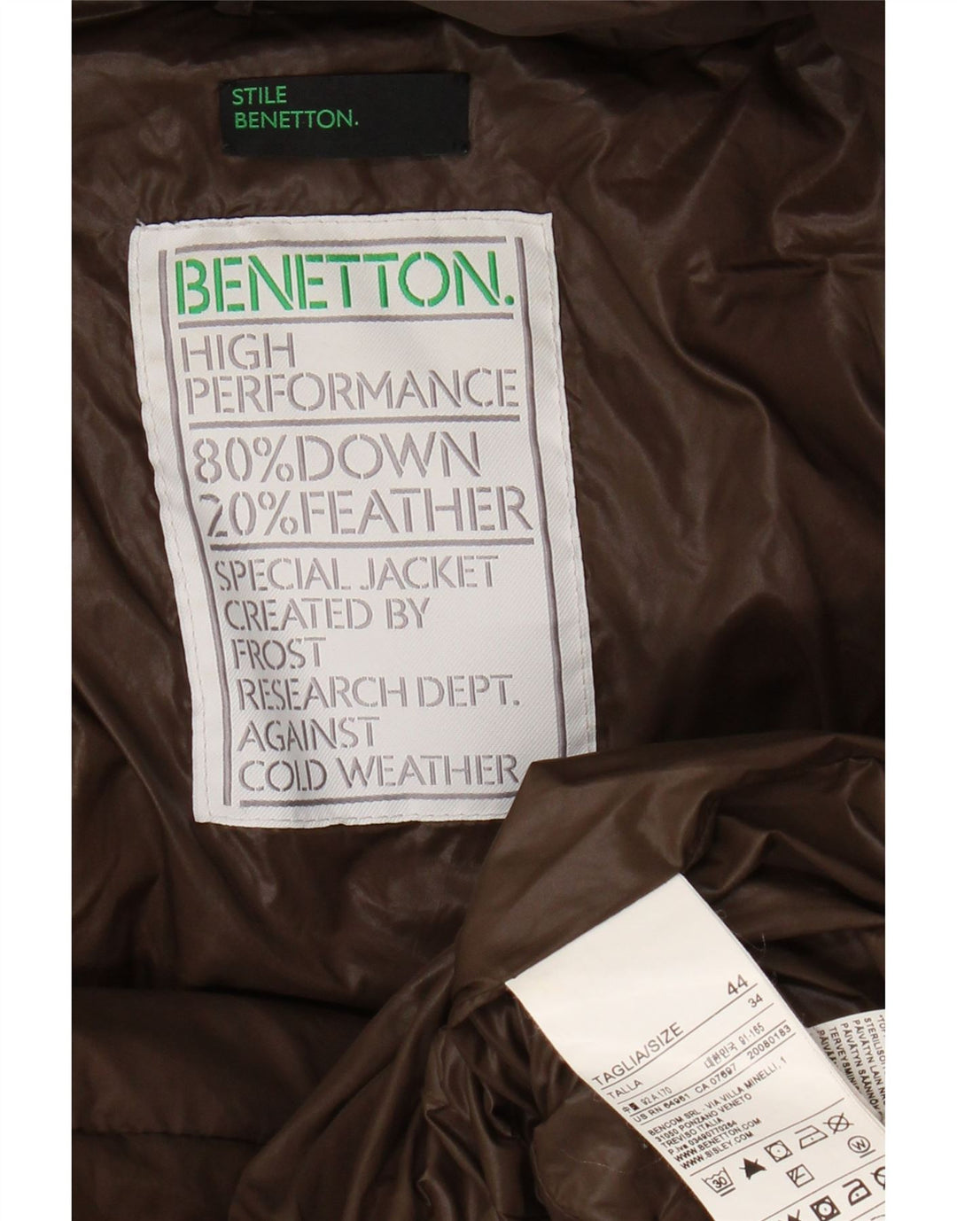 BENETTON Womens Hooded Padded Jacket IT 44 Medium Brown Polyamide
