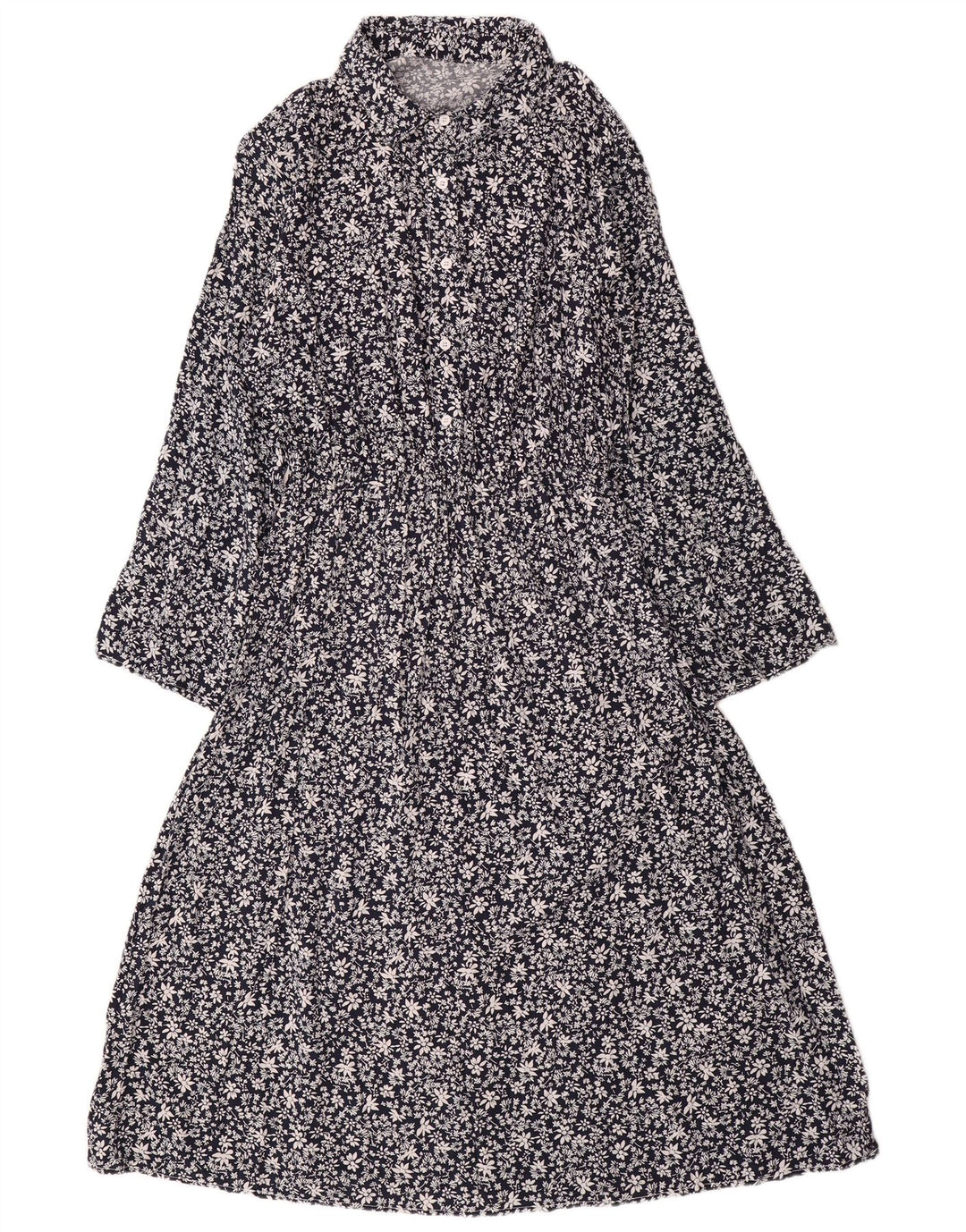 VINTAGE Γυναικείο μακρυμάνικο μάξι φόρεμα UK 14 Μεγάλο μπλε ναυτικό φλοράλ βαμβακερό