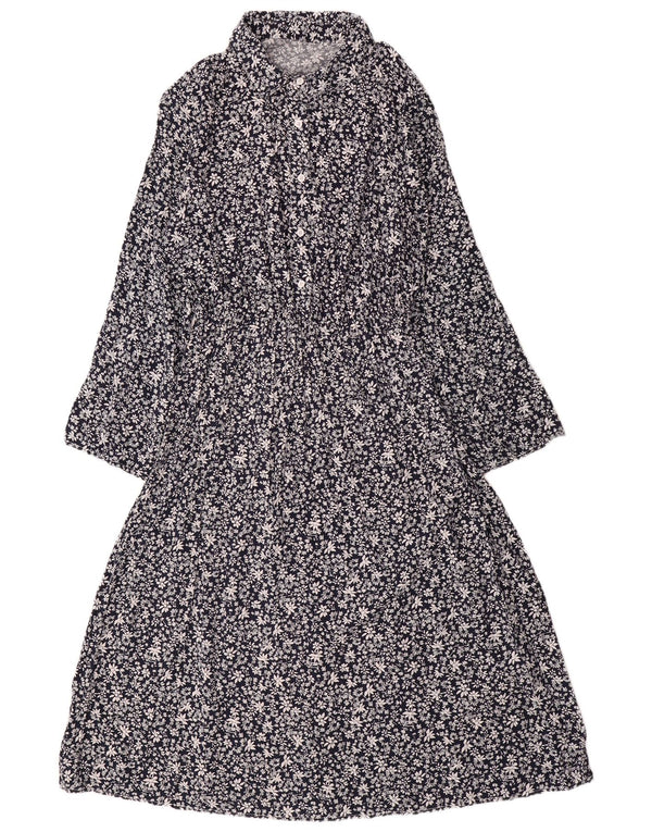 VINTAGE Γυναικείο μακρυμάνικο μάξι φόρεμα UK 14 Μεγάλο μπλε ναυτικό φλοράλ βαμβακερό