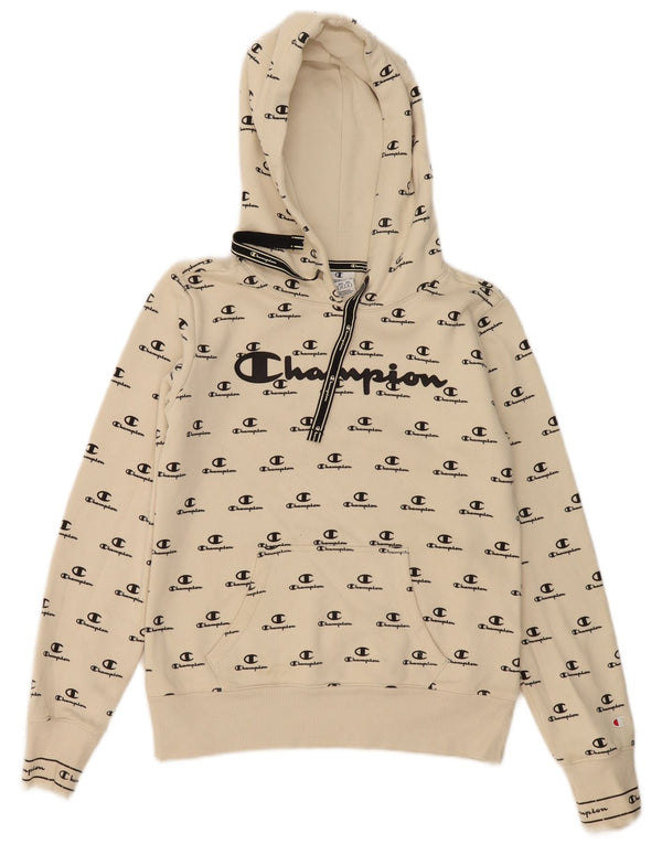 Champion Womens Graphic Hoodie Jumper UK 10 Small Beige Cotton