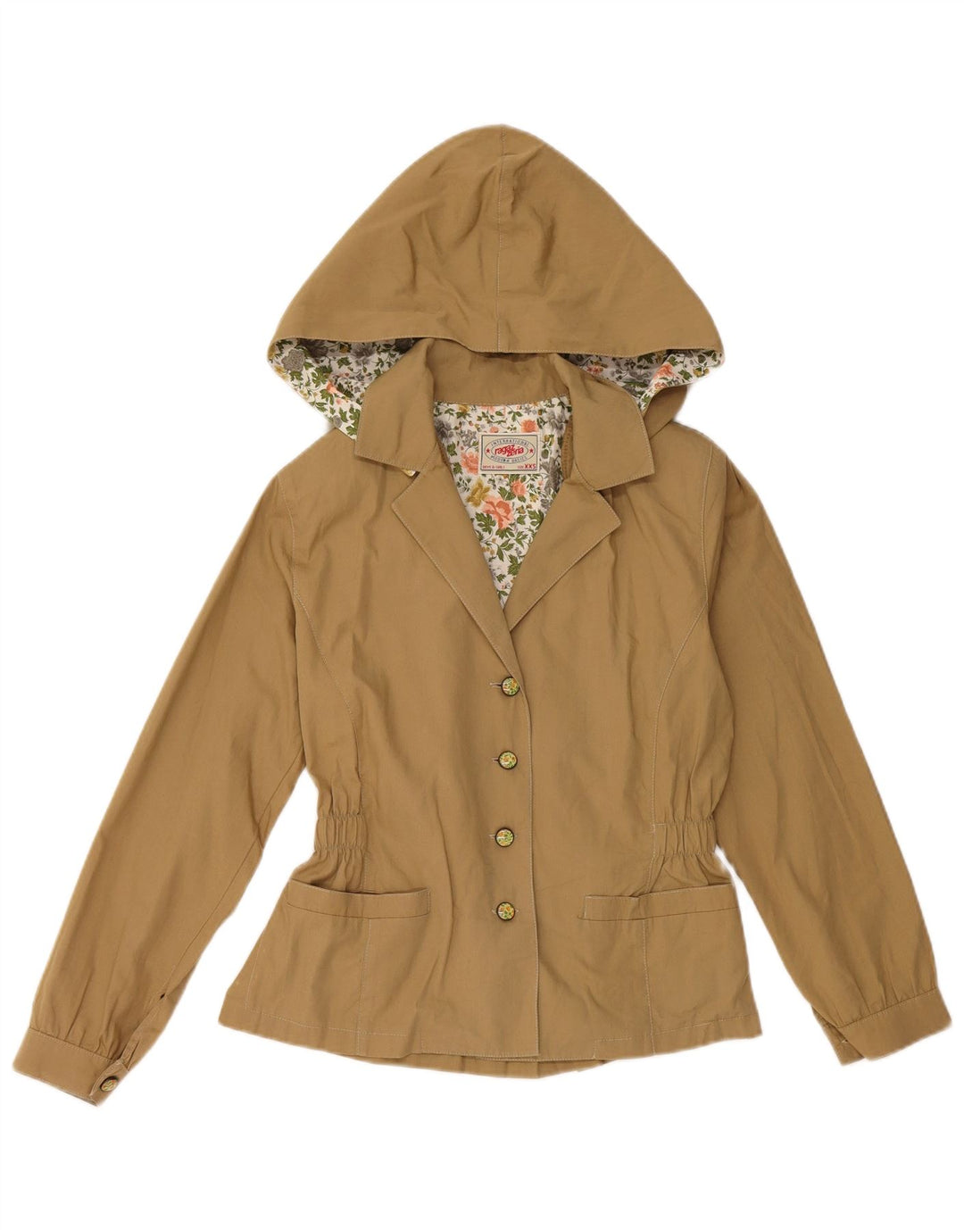 VINTAGE Γυναικείο σακάκι σακάκι με κουκούλα 4 κουμπιών, μέγεθος 6 2XS καφέ βαμβακερό