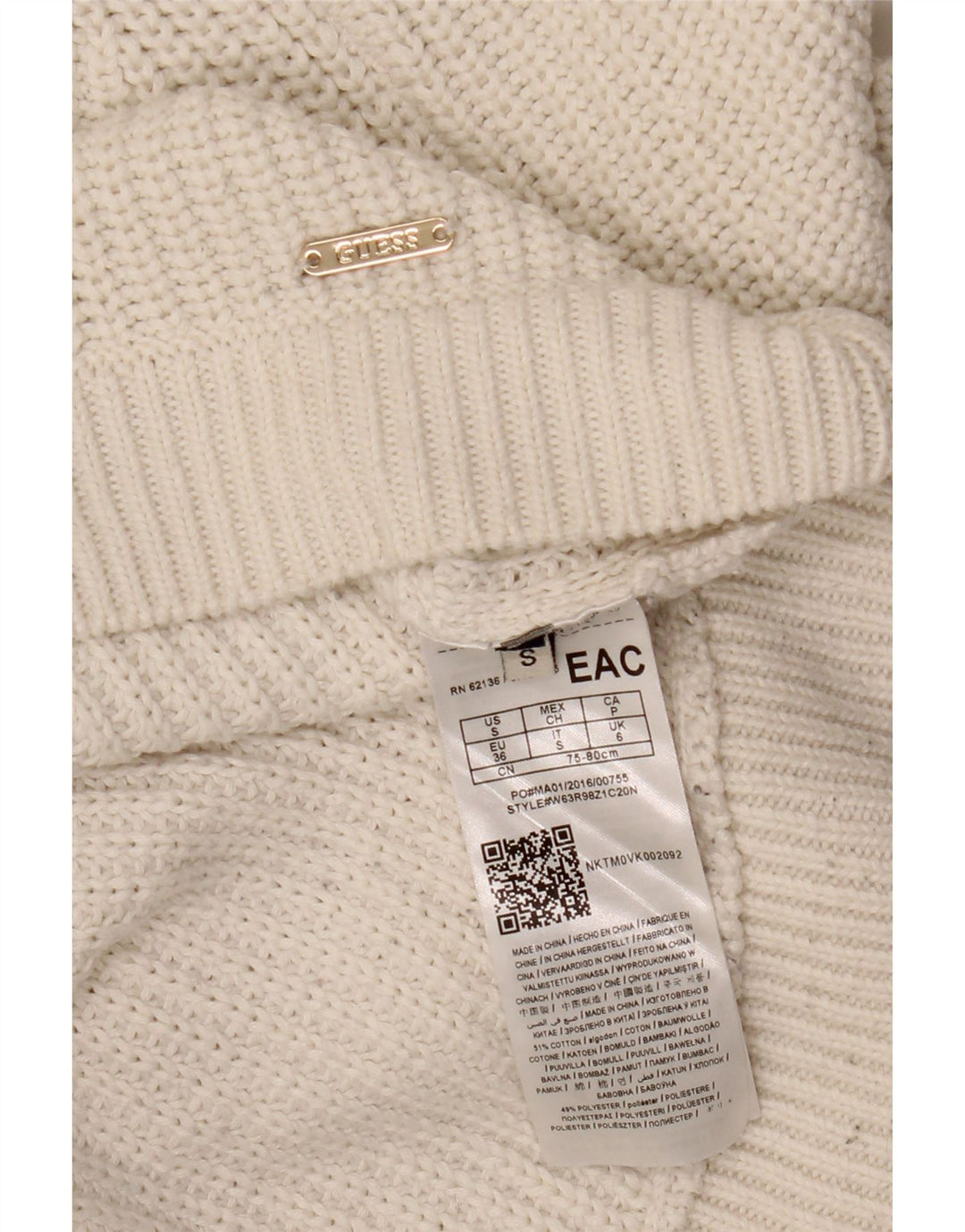 GUESS Γυναικείο πουλόβερ με λαιμόκοψη μεγάλου μεγέθους UK 6 μικρό λευκό βαμβακερό