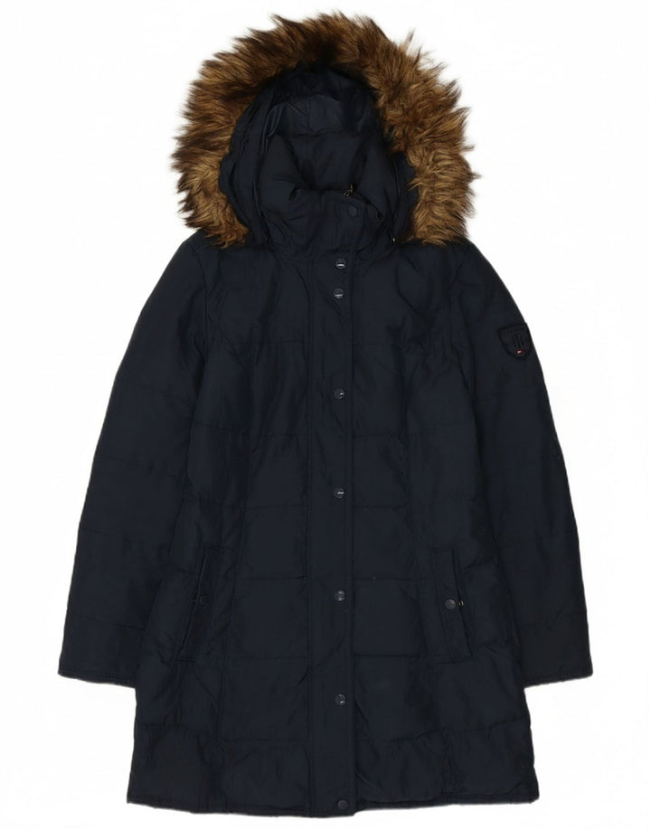 TOMMY HILFIGER Womens Hooded Padded Coat UK 10 Small Navy Blue Polyester