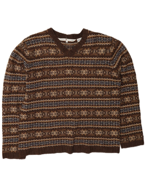 Tommy Hilfiger Womens V-Neck Jumper Sweater UK 14 Large Brown Fair Isle