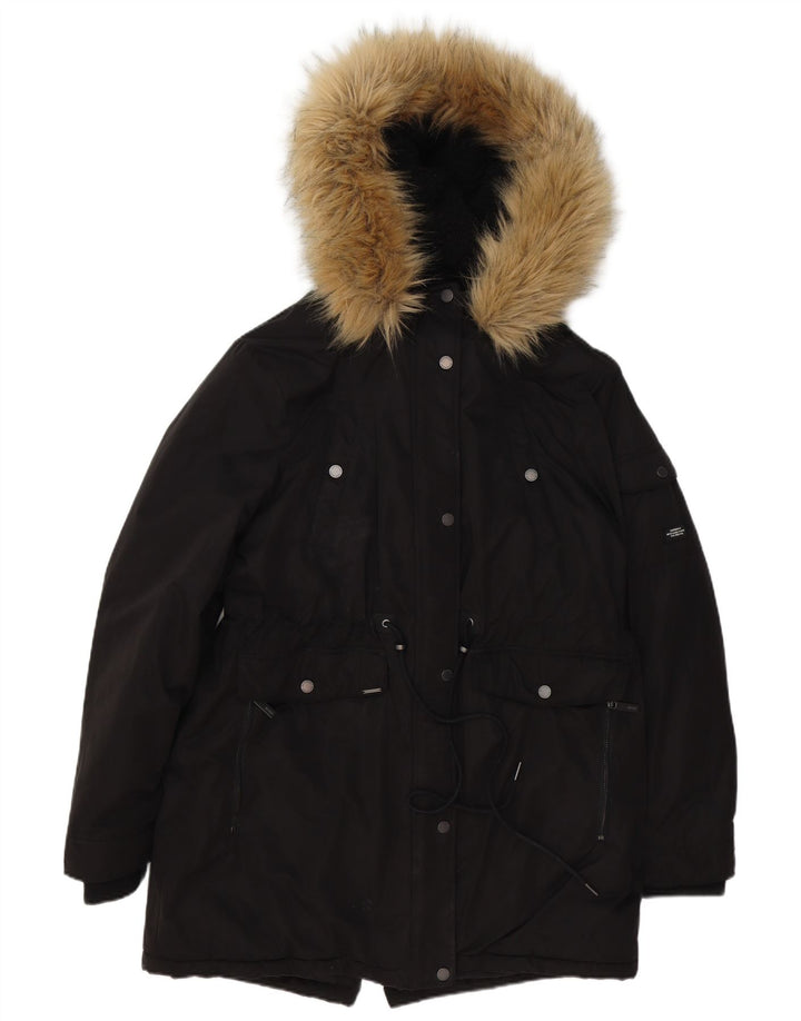 Superdry γυναικείο μπουφάν Parka με κουκούλα UK 16 μεγάλου μαύρου πολυεστέρα