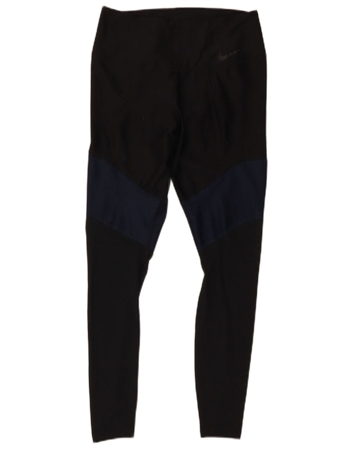 NIKE Womens Dri Fit Leggings UK 12 Medium Black Colourblock Polyester