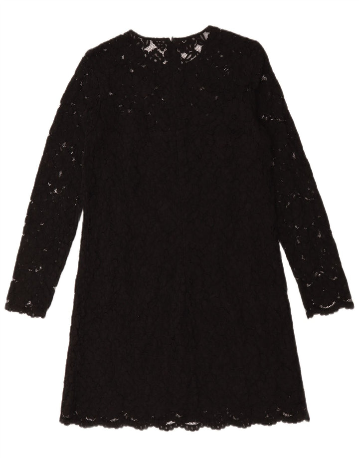 Vintage γυναικείο μακρυμάνικο φόρεμα Shift UK 12 Medium Black Floral Polyester