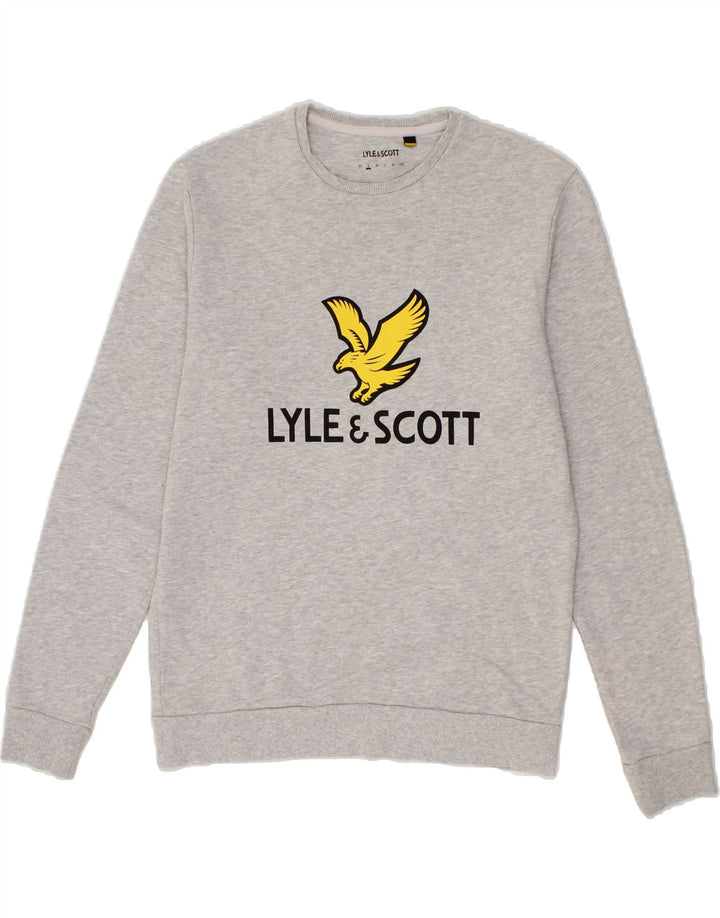LYLE & SCOTT Mens Graphic Sweatshirt Jumper Small Grey Cotton Vintage Lyle & Scott and Second-Hand Lyle & Scott from Messina Hembry 