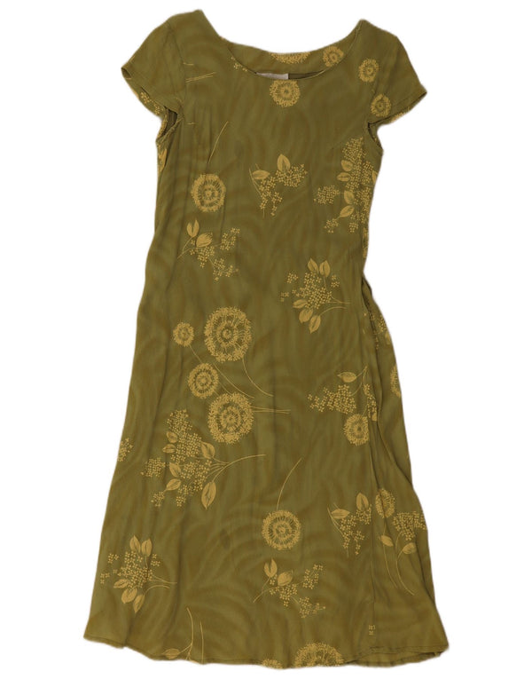 Vintage γυναικείο φόρεμα A-Line UK 14 Large Khaki Floral Viscose