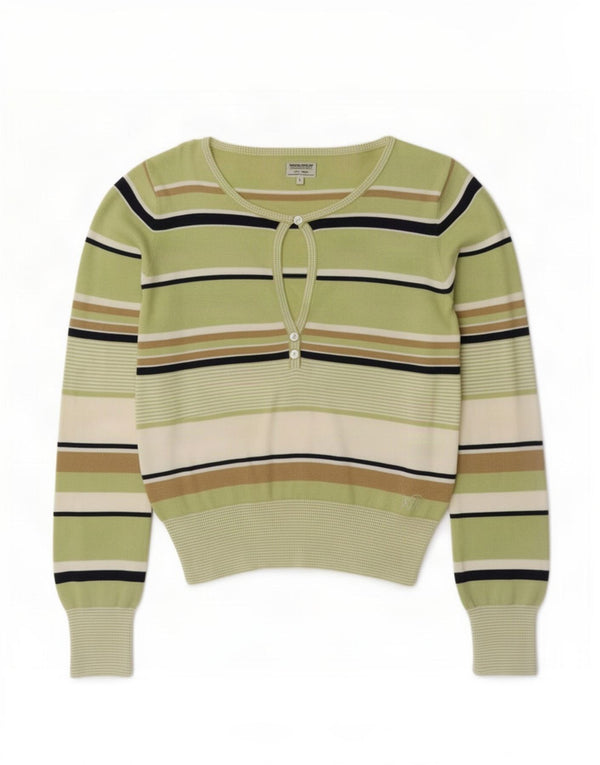 Woolrich Γυναικείο πουλόβερ με λαιμό κουμπιά UK 14 Μεγάλο πράσινο ριγέ βαμβακερό