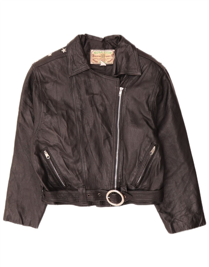Vintage Γυναικείο Crop Leather Biker Jacket UK 12 Medium Black Leather