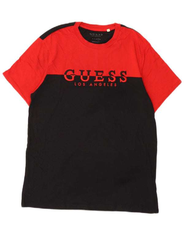 Guess Mens Graphic T-Shirt Top Large Black Colourblock Cotton