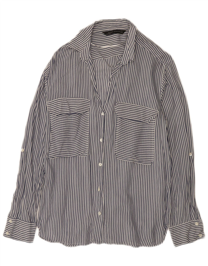 Zara Γυναικείο πουκάμισο UK 14 Medium Navy Blue Pinstripe
