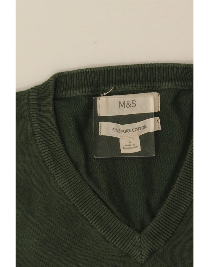 MARKS & SPENCER Ανδρικό πουλόβερ με λαιμόκοψη V-λαιμόκοψη μεγάλο πράσινο βαμβακερό